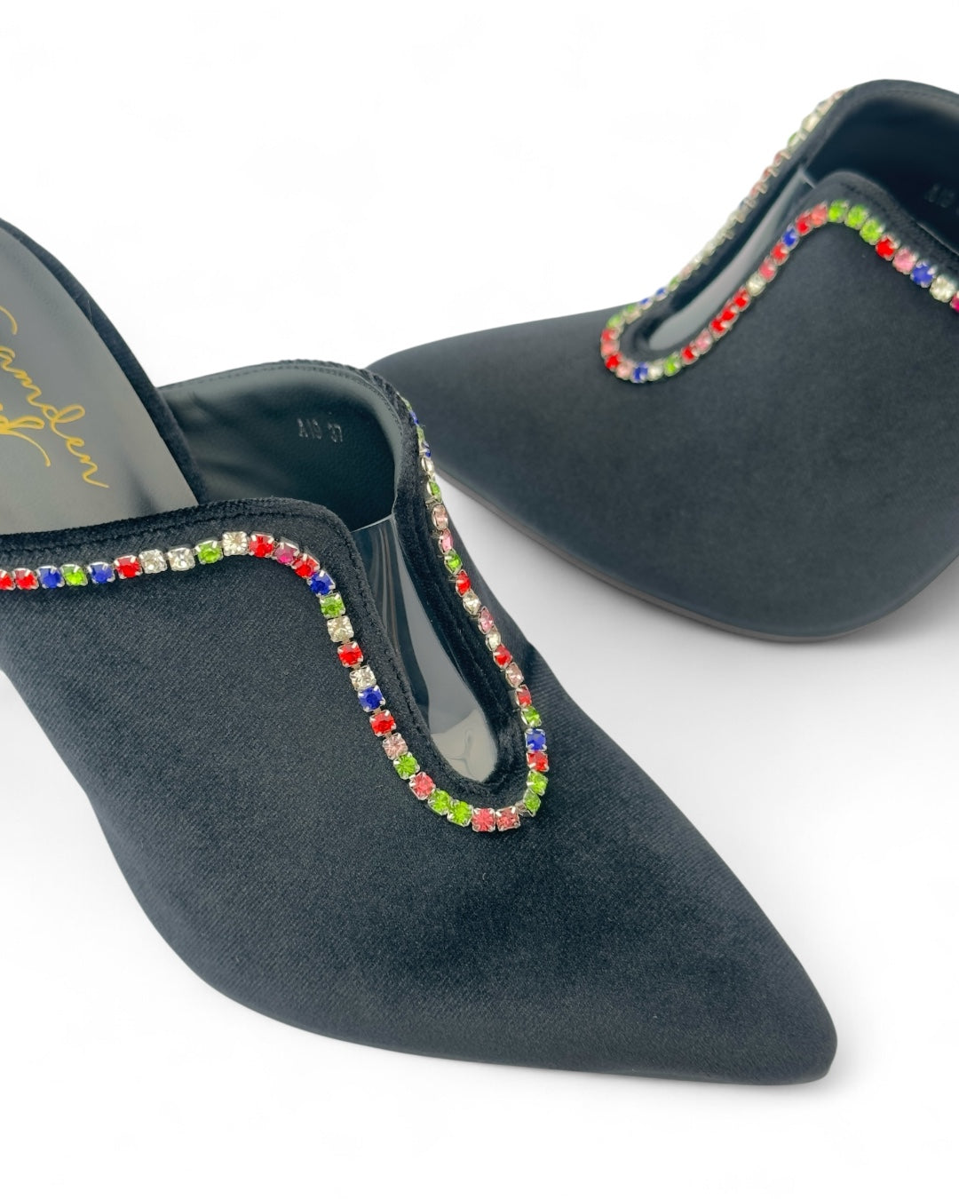 High-heeled shoe with a crystal strap