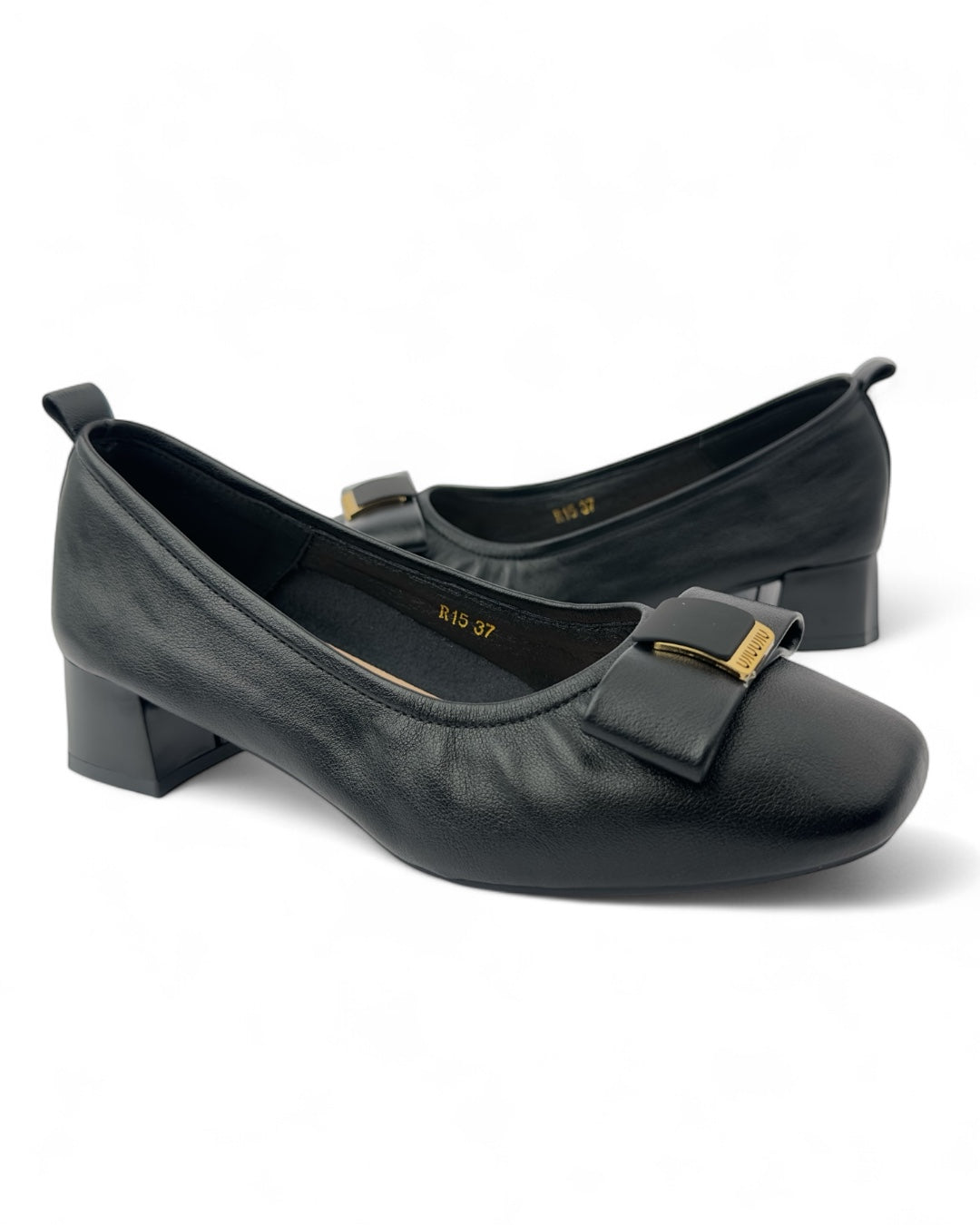 حذاء متوسط ​​"بالرينيه" كلاسيكي بجلد ناعم، كعب عريض ومزين بفيونكة مودرن