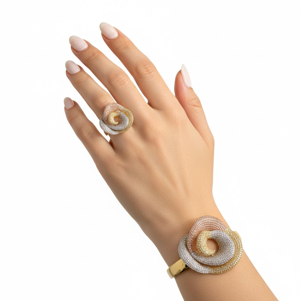 طقم وردة من الذهب والفضة والذهب الوردي المختلط