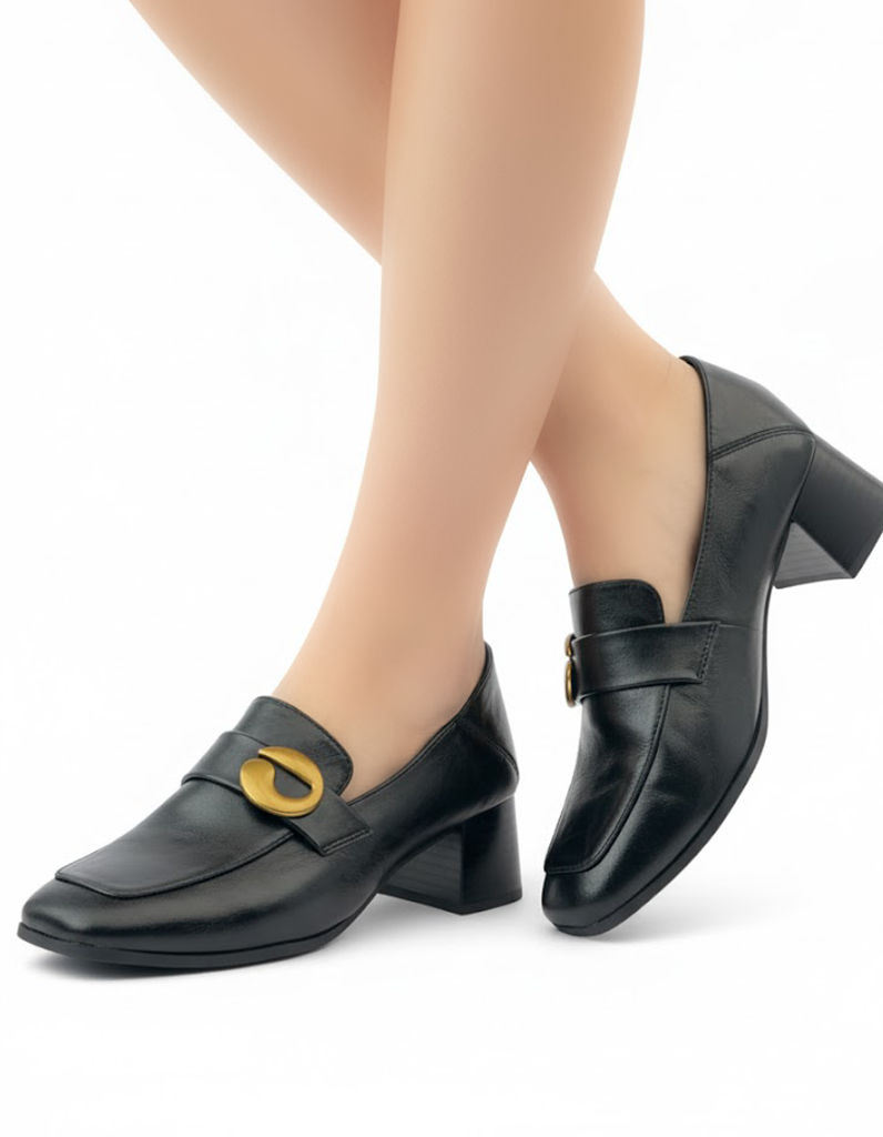 لوفر جلدي بكعب عريض وإبزيم ذهبي شعبي